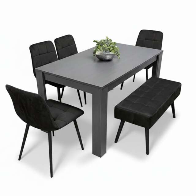 Dining Table and 4 Chairs With Black Bench, 4 Black Velvet Chairs Wood Dining Set Furniture