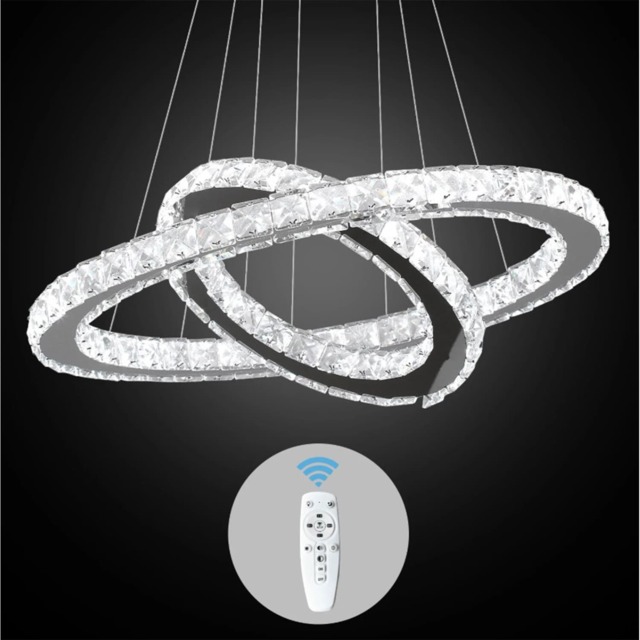 Crystal 2-Rings Chandelier Silver LED Ceiling Lights Pendant Light Dimmable Remote 45W (50+30cm)