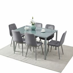Modern Grey Glass Dining Table with 6 Grey velvet Chairs Dining Room Furniture