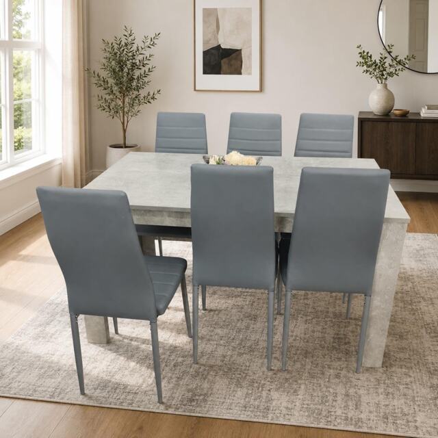 Dining Table and 6 Chairs Stone Grey Effect Wood Table 6 Grey faux Leather Chairs Dining Room