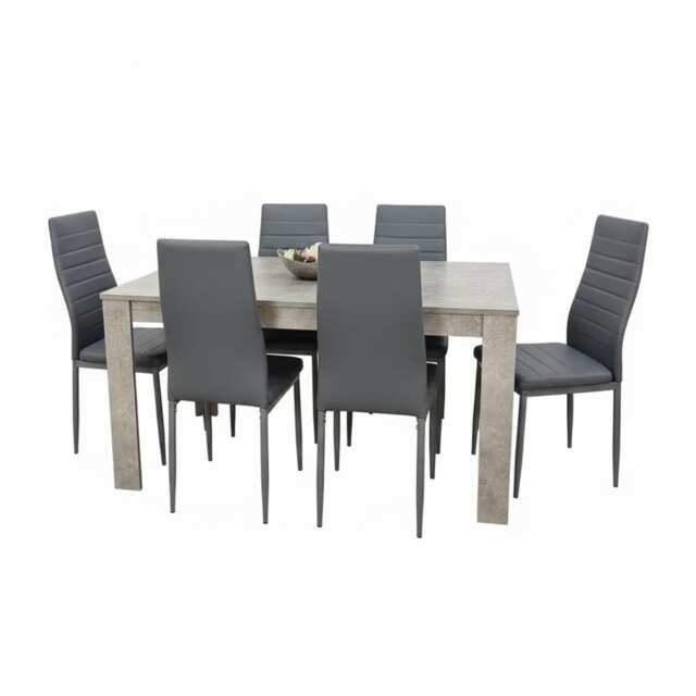 Dining Table and 6 Chairs Stone Grey Effect Wood Table 6 Grey faux Leather Chairs Dining Room