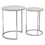 2Pc Round Nesting Stackable Sofa Side Bedside End Table Set Wood Top Metal Legs Multi White Marble Top with Chrome Legs
