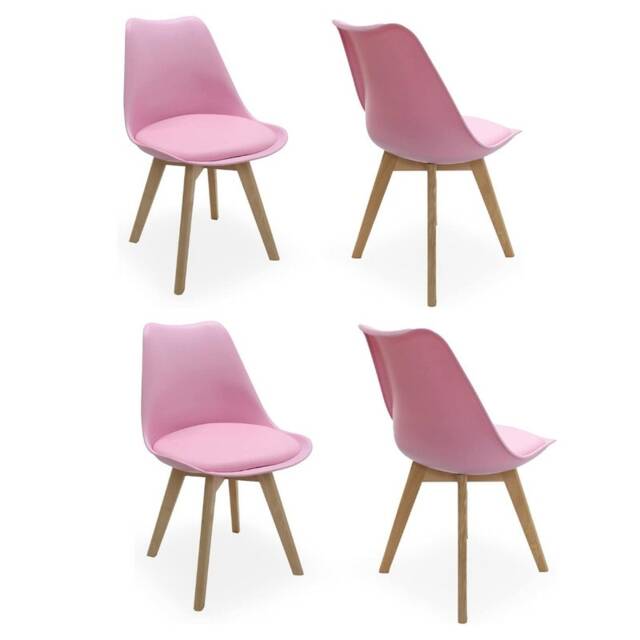 Set of 4 Scandinavian Dining Chairs with Leather Cushions Solid Wood Legs Pink