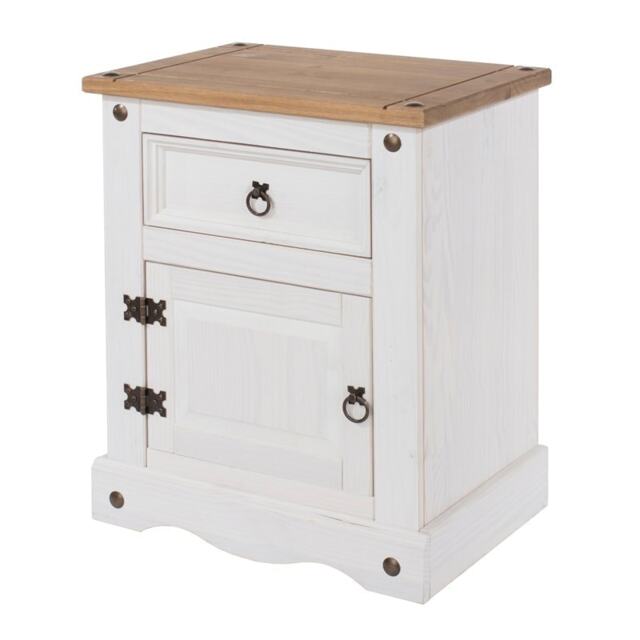 Corona White Washed & Waxed Effect Pine 1 Door, 1 Drawer Bedside Cabinet