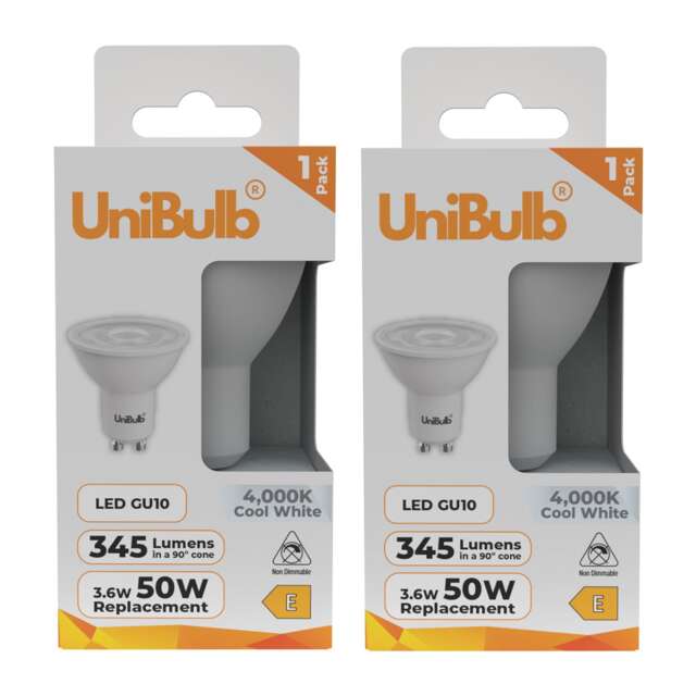 UniBulb LED GU10 345lm 3.6W (Replaces 50W) 4000K (Cool White) Spotlight Downlight Light Bulb - Pack of 2 White Cool White 2