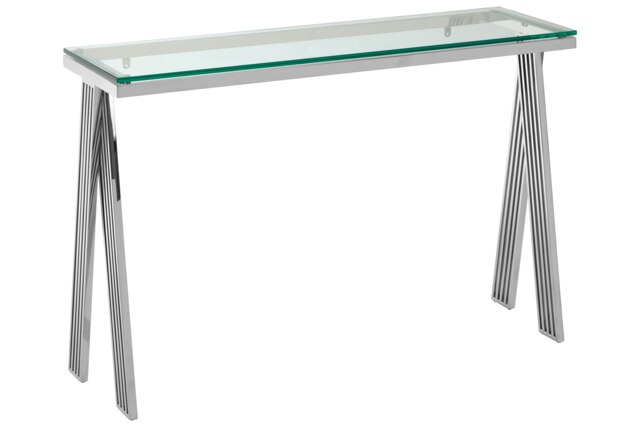 Clear Glass Console Table,Silver Finished Center Table With Stainless Steel Frame,Modern Hallway Table Silver