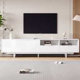 VILUXE 200cm Geometric TV Stand for TVs up to 90 Inches with Concealed Storage, Open Shelf, Cable Management and 5 Metal Legs, White