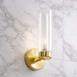 CGC Lighting Nada Satin Brass Bathroom Wall Light with Clear Glass Diffuser Gold Gold Height: 27 cm, Width: 11 cm, Depth: 12 cm