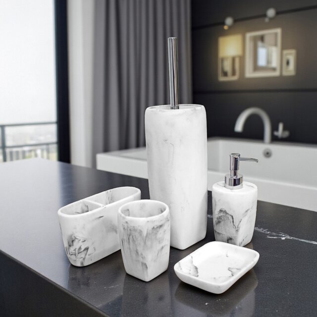 Showerdrape Octavia White Marble & Chrome 5 Piece Bathroom Accessory Set White 1