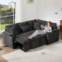 L Shaped 4 Seater Pull-Out Chenille Sofa Bed with Fixed Right Chaise and Storage, Grey