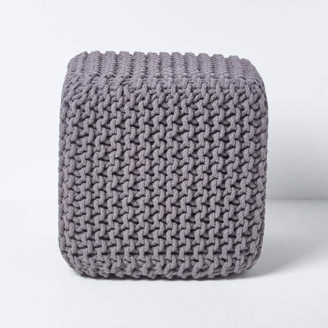 Homescapes Dark Grey Cube Cotton Knitted Pouffe Footstool