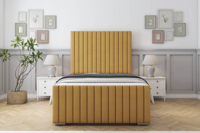 "Sloomy Madison Mustard Plush Bed Frame With Mattress With 50"" Upholstered Headboard 6' Super King"
