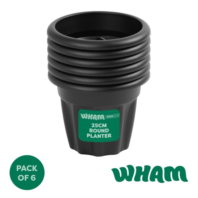 Wham Vista 6 x 25cm Round Plastic Garden Planters Black Slate/Black