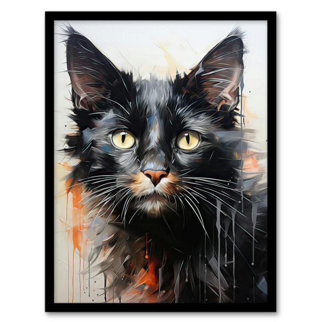 Portrait Kitten Drip Paint Oil Orange Grey Black Framed Wall Art Print A4