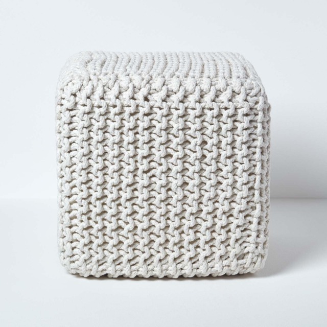 Homescapes Natural Cube Cotton Knitted Pouffe Footstool