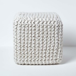 Homescapes Natural Cube Cotton Knitted Pouffe Footstool