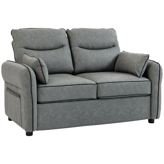 HOMCOM 2 Seater Sofa, Modern Loveseat with Thicken Cushion, High-Resilience Foam, Side Pockets, Quick Assembly, Pillows, Faux Leather Upholstered Sofa for Living Room, Bedroom, Home Office, Grey Grey Grey Two Seater