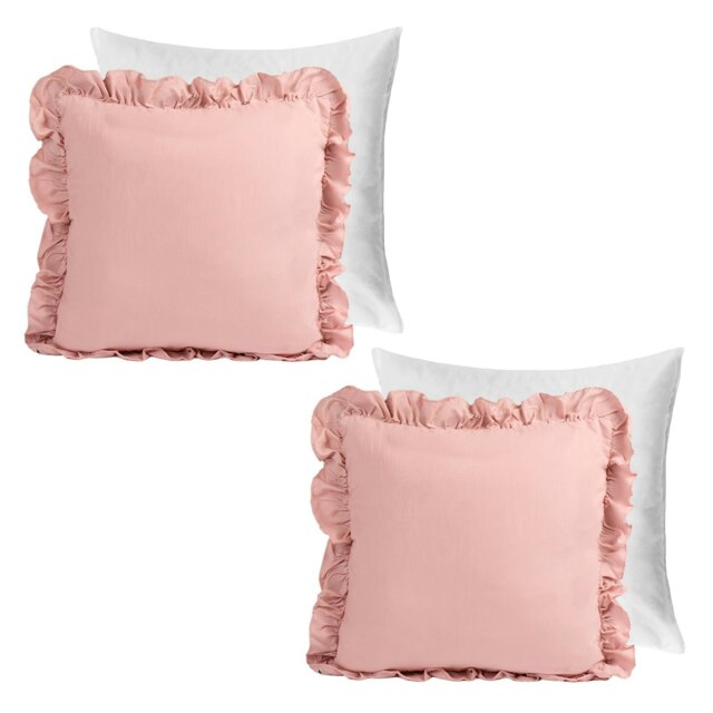 OHS 2 x Faux Linen Frill Edged Filled Cushions, 45x45cm - Blush Pink Pink Blush Pink 45 x 45cm 2