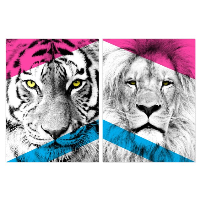 Set of 2 Neon Tiger Lion Vivid Jungle Animal Portrait Bold Design Wall Art Print A4