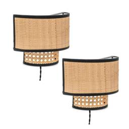 ValueLights Grant Pair Plug in Natural Rattan Wicker Cane Easy Fit Wall Lights Brown