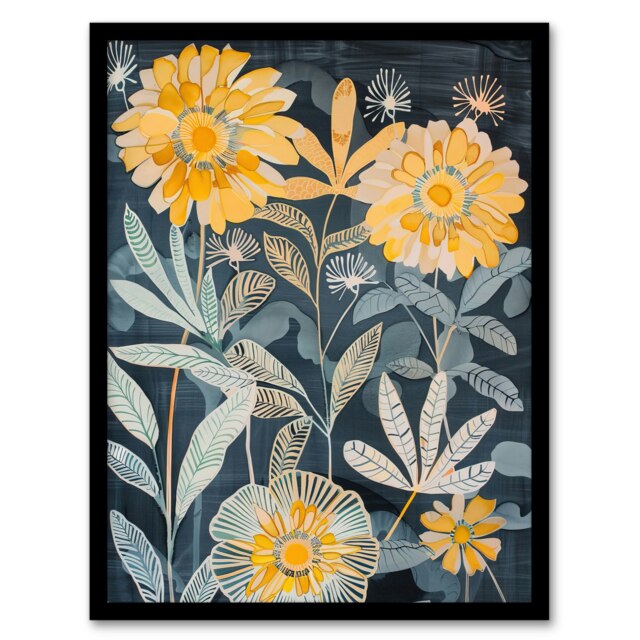 Marigold Flowers Dark Forest Floral Living Room Black Framed Wall Art Print A4