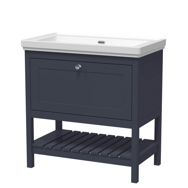 Traditional Furniture Floor Standing 1 Drawer Vanity & 0 Tap Hole Fireclay Basin, 800mm, Indigo Blue Blue
