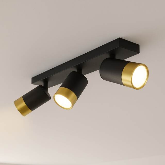 CGC Puzon Black & Gold 3-Head Adjustable GU10 Ceiling Spotlight Bar Black Black & Gold Height: 16 cm, Width: 39.5 cm, Depth: 7.4 cm