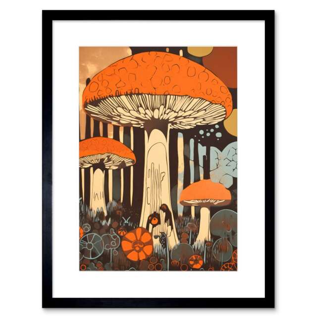"Vintage Mushroom Forest Large Red Cap Fungi Kitchen 9x7"" Black Framed Wall Art Print"