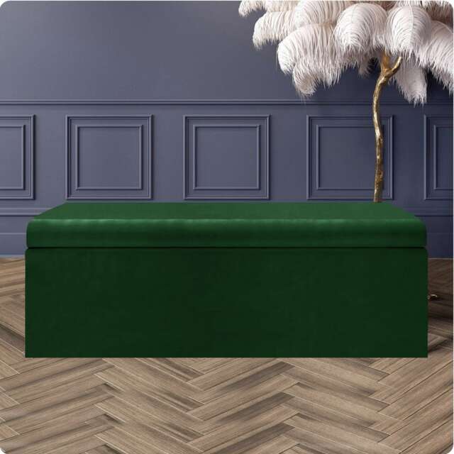 180cm Large Plain Safar Storage Ottoman Box, Forest Green Plush Velvet Upholstered Deep Storage Ottoman End of Bed Bench