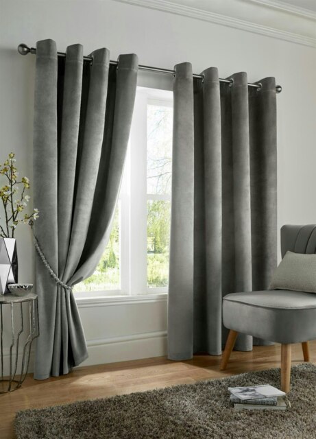 Velvet Look Eyelet Ring Top Blackout Curtains - 168cm x 137cm - Silver