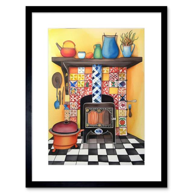 "Kitchen Hearth Fireplace Tiles Folk Art 9x7"" Black Framed Wall Art Print"