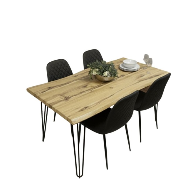Wooden Dining Table Set With 4 Black Faux Leather Chairs Home Furniture
