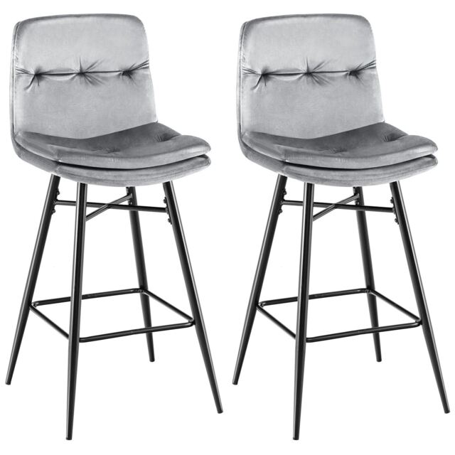 COSTWAY Set of 2 Bar Stools Velvet Counter Height Chair Grey Grey