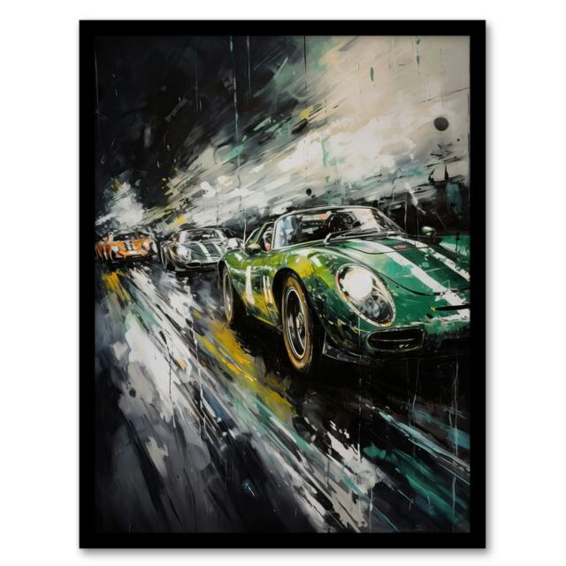 Classic Race Cars Night Scene British Racing Black Framed Wall Art Print A4