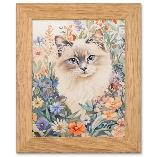 Ragdoll Cat Lover Floral Pet Portrait Art Oak Wood Framed Wall Print