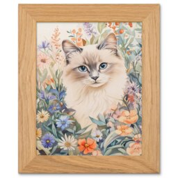 Ragdoll Cat Lover Floral Pet Portrait Art Oak Wood Framed Wall Print