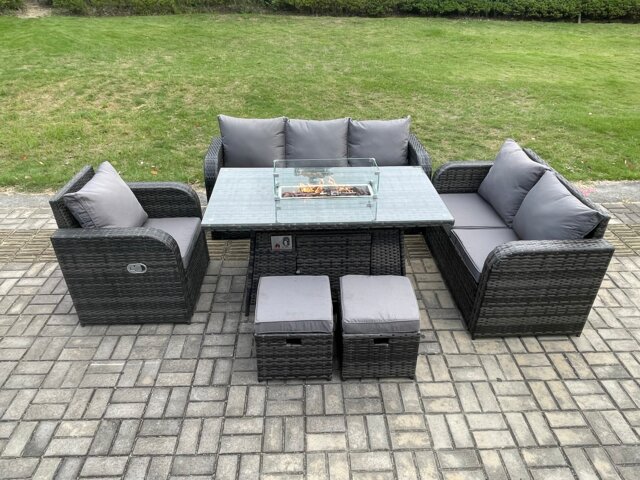 Fimous Wicker Rattan Garden Furniture Set with Fire Pit Table 8 Seater Outdoor Lounge Sofa Set Dark Grey Mixed