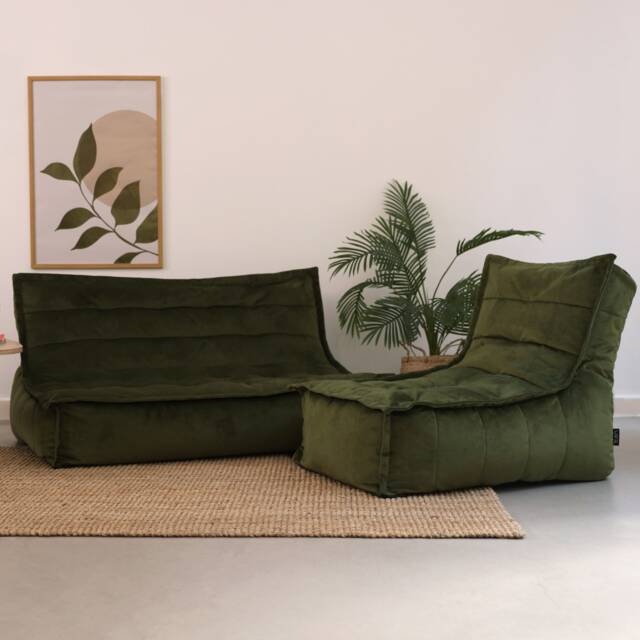 Kota Velvet XL Bean Bag Sofa & Lounger Set Olive Green Bean Bag Chair Green Green L 1