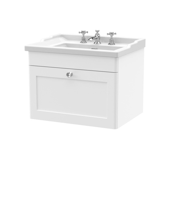 Balterley Swynnerton Traditional 1 Drawer Wall Hung Vanity Unit with Basin, Satin White, 600mm
