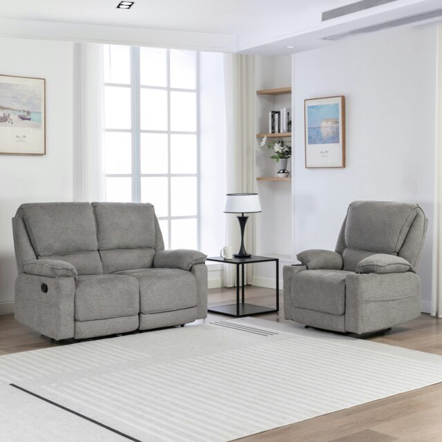 Sydney 1+2 Seater Fabric Manual Recliner Sofa Set (Grey) Grey Grey Three Seater