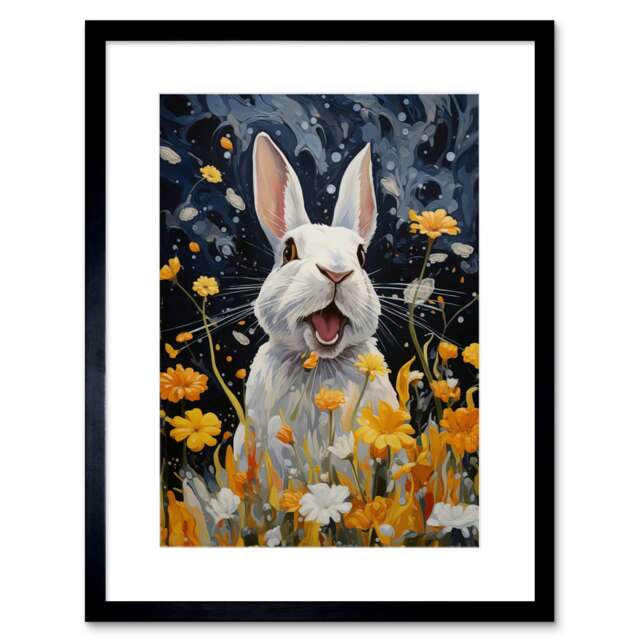 "Moonlit White Rabbit Playing Yellow Flowers 9x7"" Black Framed Wall Art Print"
