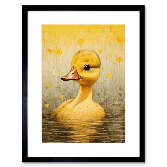 "Yellow Duckling Kids Bedroom Nursery Calm Elegant 9x7"" Black Framed Wall Art Print"