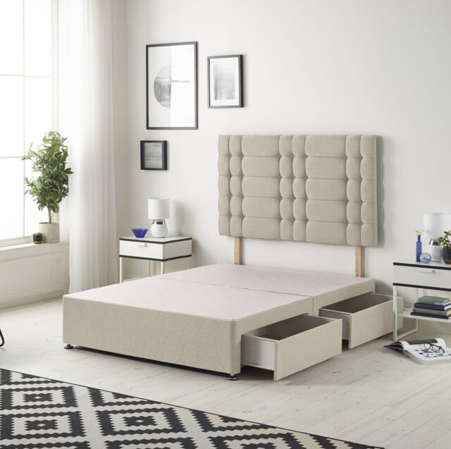 Astoria Divan Bed Base with 2 Drawers & 30 Inch Diamante Headboard in Tweed Fabric Brown Natural Double