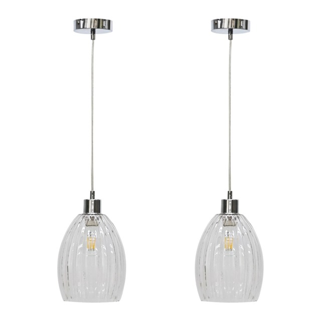 Set of 2 Birch - Clear Fluted Glass with Chrome Pendant Fittings Clear Clear 2