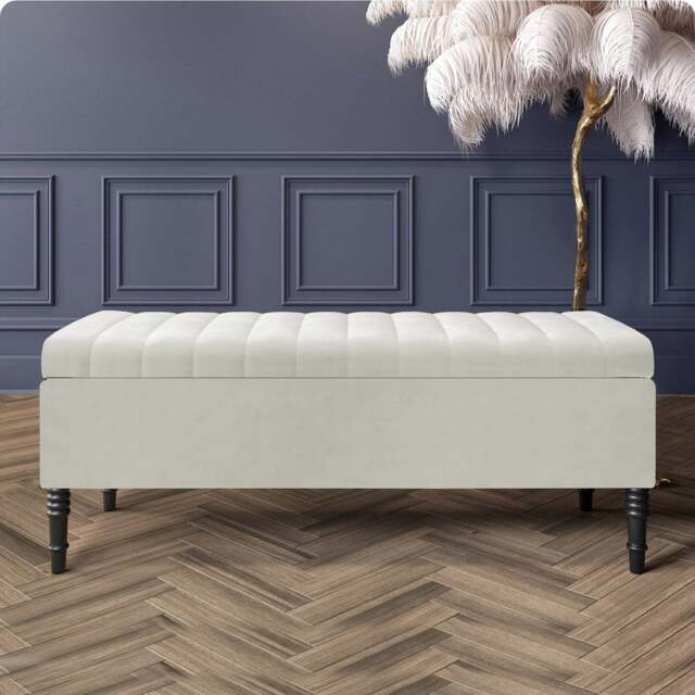 180cm Paris Striped Ottoman Storage Bench- Plush Velvet Shoe Bench - Cream Upholstery Footstool with Storage