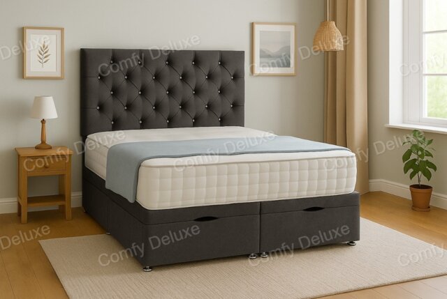 Ottoman Foot Lift Grey Naples 5ft Kingsize Divan Bed With Mattress & Headboard