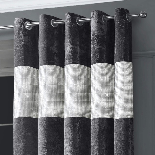 Intimates Diamante Crushed Velvet Ready Made Eyelet Curtains - 168cm x 183cm Grey Charcoal