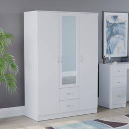 Vida Designs Riano 3 Door 2 Drawer Mirrored Wardrobe With Shelf & Clothes Rail, White