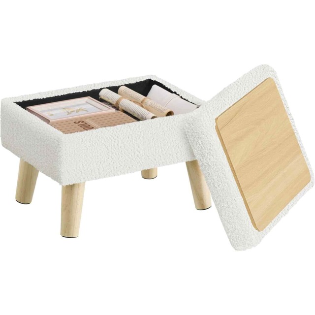 Teddy Fleece Storage Footstool with Cushioned Seat, Ottoman Side Table with Wooden Legs, Cream White