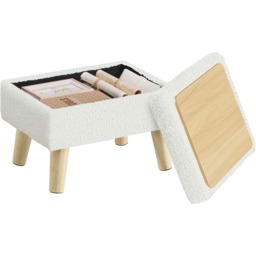 Teddy Fleece Storage Footstool with Cushioned Seat, Ottoman Side Table with Wooden Legs, Cream White